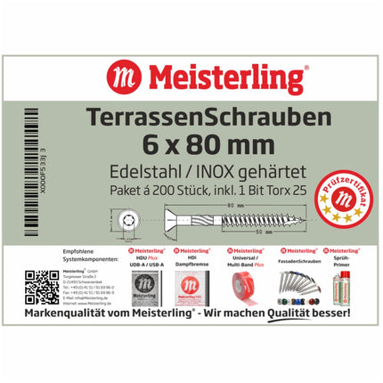 Meisterling Viti per terrazze 6x80 mm - 200 pezzi ( 010010000041 ) Punta CUT 90° lente a testa svasata con filettatura grossa Torx 2/3 acciaio inossidabile VA