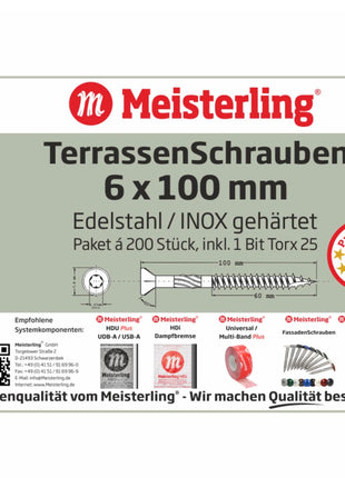 Meisterling Terrassenschrauben 6x100 mm 200 Stück ( 010010000051 ) CUT Spitze 90° Linsen Senkkopf mit Torx 2/3 Grobgewinde VA Edelstahl