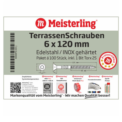 Meisterling Viti per terrazze 6x120 mm - 200 pezzi ( 010010000061 ) Punta CUT 90° lente a testa svasata con filettatura grossa Torx 2/3 acciaio inossidabile VA