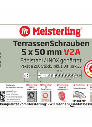 Meisterling Vis de terrasse 5x50 mm - 200 pièces (010010000201) CUT point 90 ° tête fraisée à tête fraisée avec Torx 2/3 gros filetage V2A acier inoxydable