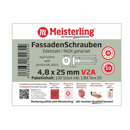 Meisterling Vis de façade 4.8x25 mm - 100 pièces (010020000001) 12 mm tête plate blanche + Filetage partiel Torx V2A acier inoxydable