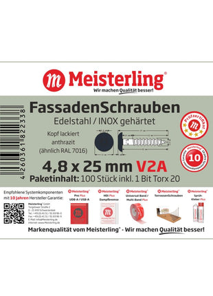 Meisterling Fassaden Schrauben 4,8x25 mm 100 Stück ( 010020000011 ) 12 mm Flachkopf anthrazit mit Torx Teilgewinde V2A Edelstahl