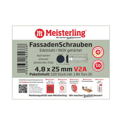 Meisterling Fassaden Schrauben 4,8x25 mm 100 Stück ( 010020000011 ) 12 mm Flachkopf anthrazit mit Torx Teilgewinde V2A Edelstahl