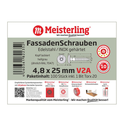 Meisterling Vis de façade 4,8x25 mm - 100 pièces (010020000021) tête plate 12 mm gris clair + Filetage partiel Torx en acier inoxydable V2A