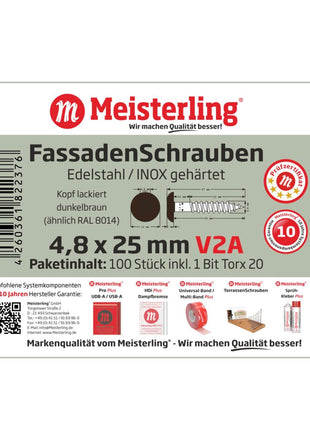 Meisterling Fassadenschrauben 4,8x25 mm 100 Stück ( 010020000031 ) 12 mm Flachkopf dunkelbraun mit Torx Teilgewinde V2A Edelstahl