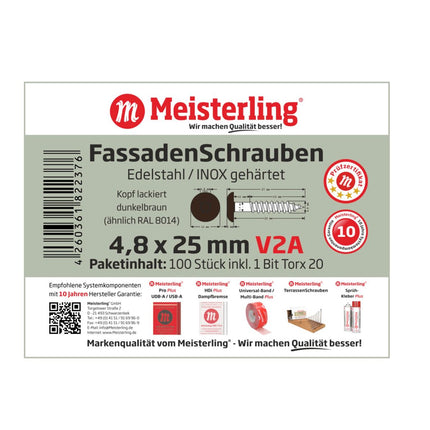 Meisterling Fassadenschrauben 4,8x25 mm 100 Stück ( 010020000031 ) 12 mm Flachkopf dunkelbraun mit Torx Teilgewinde V2A Edelstahl