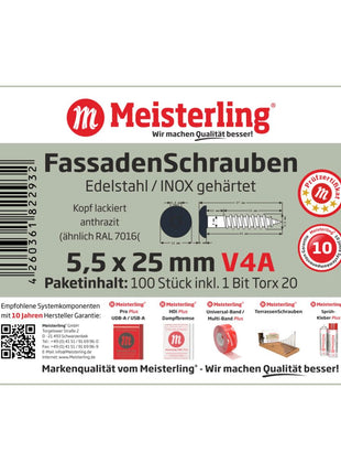 Tornillos para fachada Meisterling 5,5x25 mm 100 piezas (010030000011) 12 mm cabeza plana antracita con rosca parcial Torx Acero inoxidable V4A