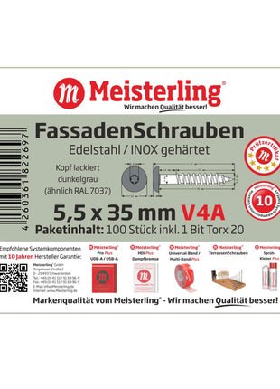 Meisterling Fassadenschrauben 5,5x35 mm 100 Stück ( 010030000115 ) 12 mm Flachkopf dunkelgrau mit Torx Teilgewinde V4A Edelstahl