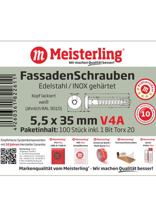 Meisterling Fassadenschrauben 5,5x35 mm 100 Stück ( 010030000101 ) 12 mm Flachkopf weiß mit Torx Teilgewinde V4A Edelstahl