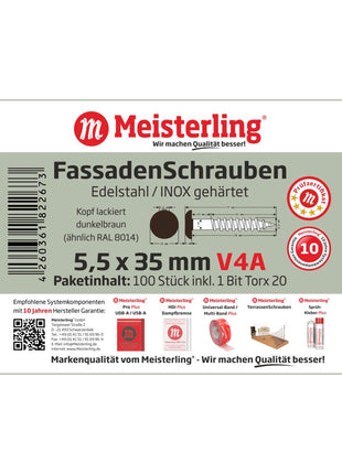 Meisterling Fassadenschrauben 5,5x35 mm 100 Stück ( 010030000131 ) 12 mm Flachkopf dunkelbraun mit Torx Teilgewinde V4A Edelstahl