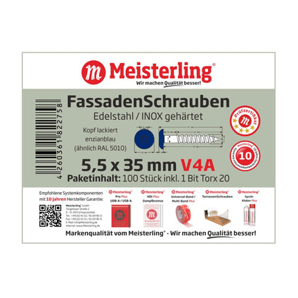 Meisterling Vite per facciate 5,5x35 mm, 100 pz. ( 010030000161 ) - Testa piatta da 12mm, blu genziana, filettatura parziale Torx, in acciaio inossidabile V4A