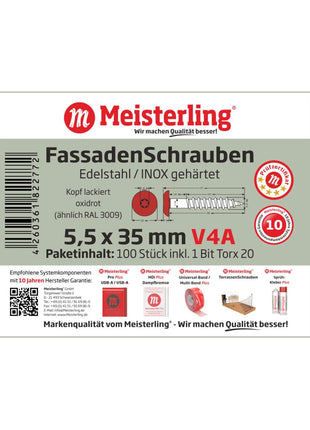 Meisterling Fassadenschrauben 5,5x35 mm 100 Stück ( 010030000171 ) 12 mm Flachkopf oxidrot mit Torx Teilgewinde V4A Edelstahl