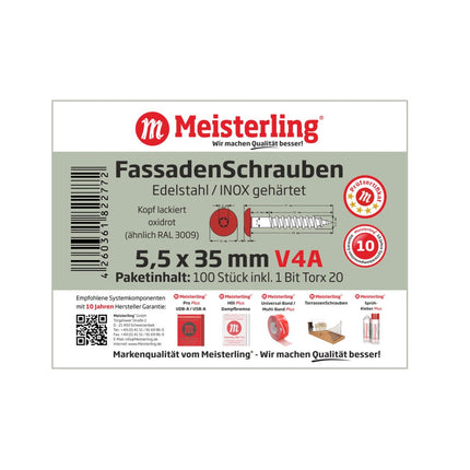 Meisterling Fassadenschrauben 5,5x35 mm 100 Stück ( 010030000171 ) 12 mm Flachkopf oxidrot mit Torx Teilgewinde V4A Edelstahl