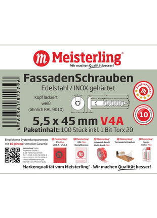 Meisterling Fassadenschrauben 5,5x45 mm 100 Stück ( 010030000311 ) 12 mm Flachkopf weiß mit Torx Teilgewinde V4A Edelstahl