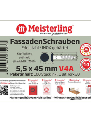 Meisterling Fassadenschrauben 5,5x45 mm 100 Stück ( 010030000321 ) 12 mm Flachkopf anthrazit mit Torx Teilgewinde V4A Edelstahl