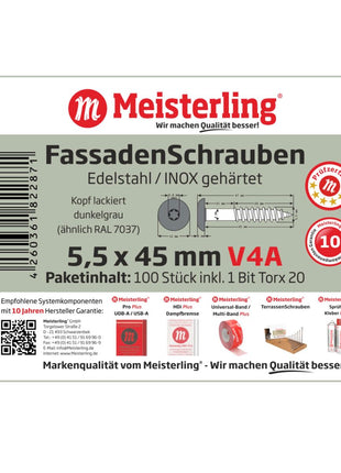 Meisterling Fassadenschrauben 5,5x45 mm 100 Stück ( 010030000331 ) 12 mm Flachkopf dunkelgrau mit Torx Teilgewinde V4A Edelstahl