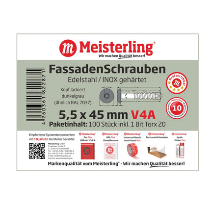 Meisterling Vis de façade 5,5x45 mm, 100 pcs., tête plate 12 mm, filetage partiel, empreinte Torx, acier inoxydable V4A, gris foncé (010030000331)