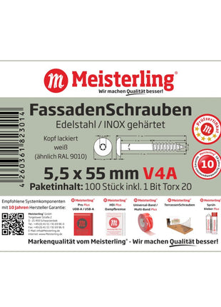 Meisterling Fassadenschrauben 5,5x55 mm 100 Stück ( 010030000411 ) 12 mm Flachkopf weiß mit Torx Teilgewinde V4A Edelstahl