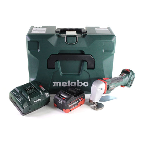 Tijeras de hojalata para batería Metabo SCV 18 LTX BL 1.6 18 V sin escobillas + 1x batería LiHD 5,5 Ah + cargador + MetaLoc