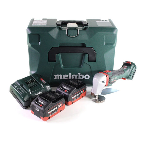 Tijeras de hojalata para batería Metabo SCV 18 LTX BL 1.6 18 V sin escobillas + 2 baterías LiHD 8,0 Ah + cargador + MetaLoc