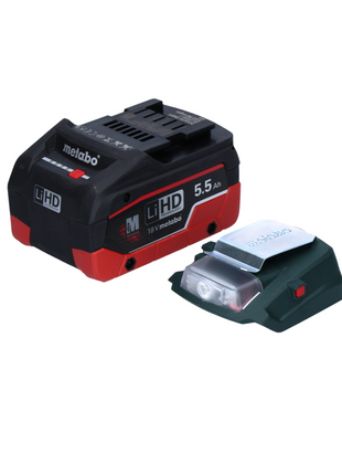 Juego básico de adaptador de corriente para batería Metabo PA 14.4-18 LED-USB con 1 batería LiHD de 5,5 Ah - sin cargador