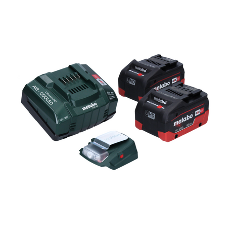 Juego básico de adaptador de corriente para batería Metabo PA 14.4-18 LED-USB con 2 baterías LiHD de 8,0 Ah + cargador ASC145