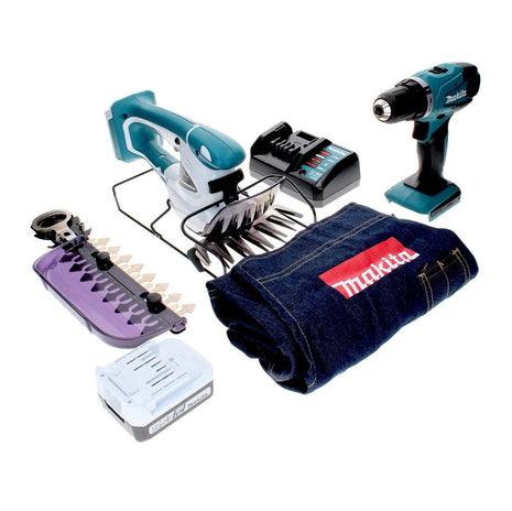 Makita série DK 14004 G avec perceuse-visseuse sans fil DF 347 D 14,4 V + cisaille à gazon UM 165 D + 1 batterie 1,3 Ah + chargeur + tablier de travail