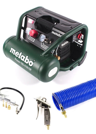 Metabo Power 180-5 W OF Kompressor 8 bar 1,1 kW + Spiralschlauch 7,5 m + Blaspistole + Reifenfüller