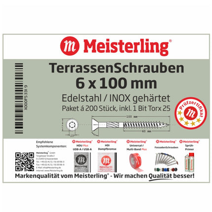 Meisterling Terrassenschrauben 6x100 mm 1000 Stück ( 5x 010010000051 ) CUT Spitze 90° Linsen Senkkopf mit Torx 2/3 Grobgewinde VA Edelstahl