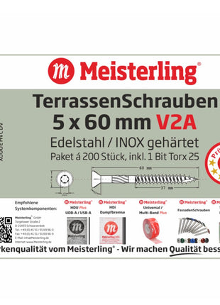 Meisterling Terrassenschrauben 5x60 mm 1200 Stück ( 6x 010010000211 ) CUT Spitze 90° Linsen Senkkopf mit Torx 2/3 Grobgewinde V2A Edelstahl