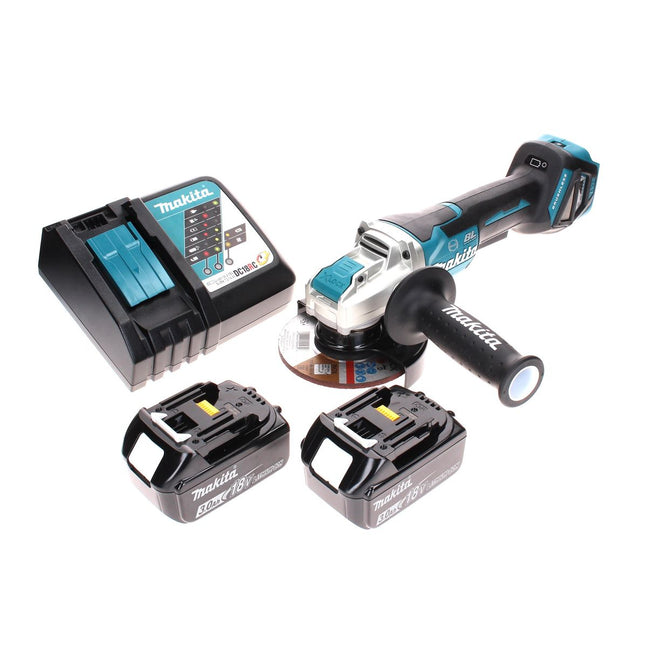Amoladora angular sin cable Makita DGA 519 RF 18 V 125 mm Brushless X-Lock + 2x batería recargable 3,0 Ah + cargador