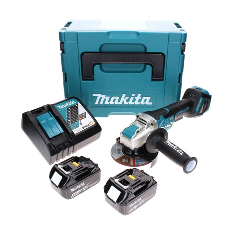 Amoladora angular a batería Makita DGA 519 RFJ 18 V 125 mm sin escobillas X-Lock + 2x batería 3,0 Ah + cargador + Makpac