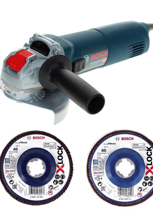 Bosch GWX 14-125 Professional Winkelschleifer 1400 W 125 mm X-Lock + Fächerschleifscheibe X571 K40 + Fächerschleifscheibe X571 K80