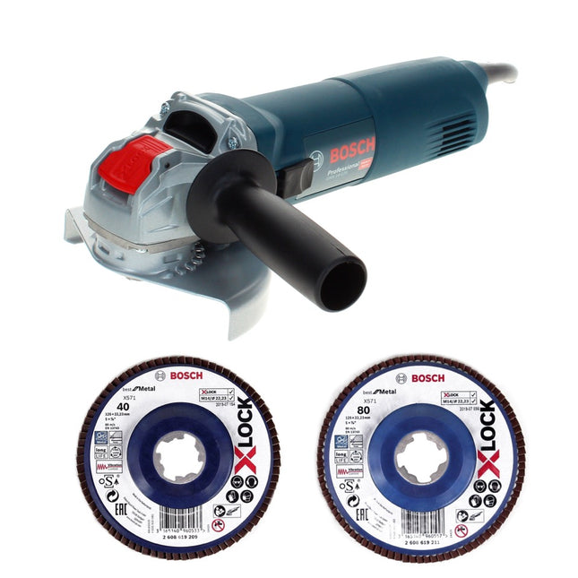 Bosch GWX 14-125 Amoladora angular profesional 1400 W 125 mm X-Lock + disco de láminas X571 K40 + disco de láminas X571 K80