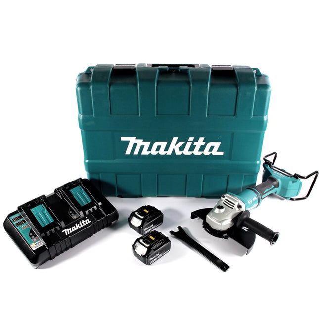 Makita DGA 900 PGK Akku Winkelschleifer 36 V ( 2x 18 V ) 230 mm Brushless + 2x Akku 6,0 Ah + Doppelladegerät + Koffer