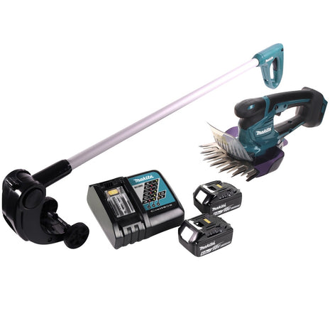 Cisaille à gazon sans fil Makita DUM 604 RG 18 V + rallonge de poignée avec rouleau + 2 batteries 6,0 Ah + chargeur