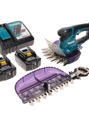 Tijera cortacésped a batería Makita DUM 604 RFX 18 V con cuchilla cortacésped y arbustos + 2x baterías 3,0 Ah + cargador