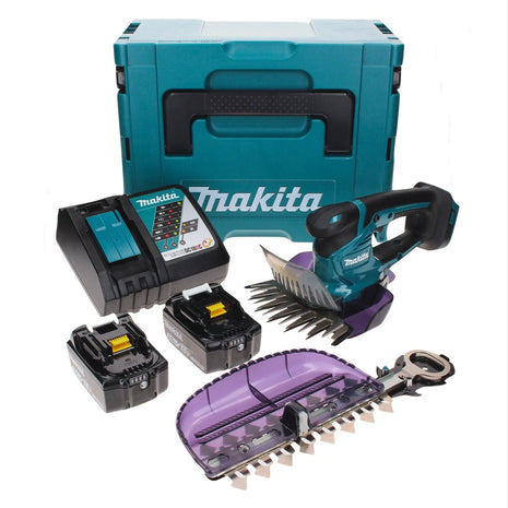 Tijera cortacésped a batería Makita DUM 604 RFXJ 18 V con cuchilla cortacésped y arbustos + 2x baterías 3,0 Ah + cargador + Makpac