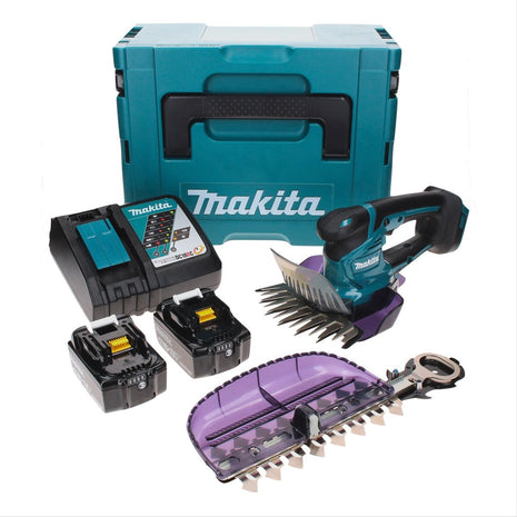 Tijera cortacésped a batería Makita DUM 604 RMXJ 18 V con cuchilla cortacésped y arbustos + 2x baterías 4,0 Ah + cargador + Makpac