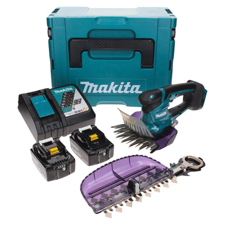 Tijera cortacésped a batería Makita DUM 604 RTXJ 18 V con cuchilla cortacésped y arbustos + 2x baterías 5,0 Ah + cargador + Makpac