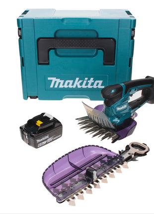 Tijeras para césped a batería Makita DUM 604 G1XJ 18 V con cuchilla para cortacésped y arbustos + 1x batería 6,0 Ah + Makpac - sin cargador