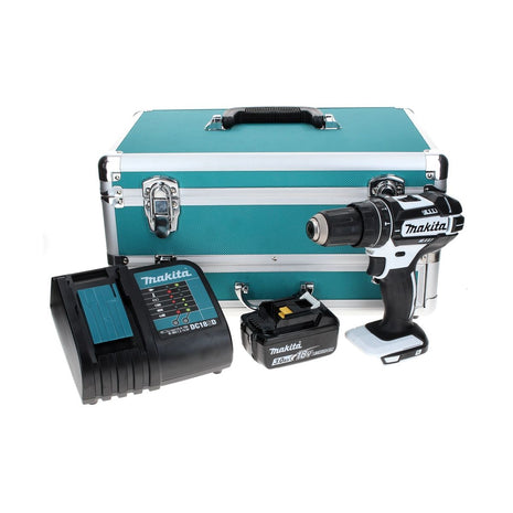 Makita DHP 482 SF1TX W Taladro percutor inalámbrico 18 V 62 Nm blanco + 1x batería 3,0 Ah + cargador + juego de brocas de 70 piezas + maletín de aluminio TX