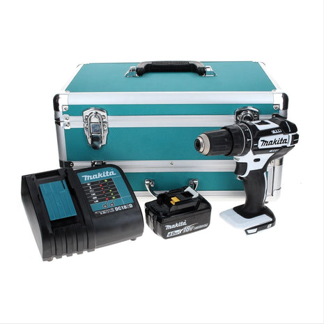 Makita DHP 482 SM1TX W Taladro percutor inalámbrico 18 V 62 Nm blanco + 1x batería 4,0 Ah + cargador + juego de brocas 70 piezas + maletín de aluminio TX