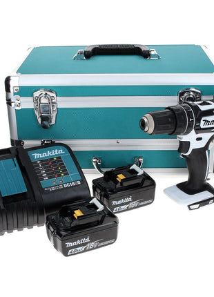 Makita DHP 482 SMTX W Perceuse visseuse à percussion sans fil 18 V 62 Nm, blanc + 2x Batteries 4,0 Ah + Chargeur + Coffret aluminium TX + Jeu d’embouts et de forets, 70 pcs.