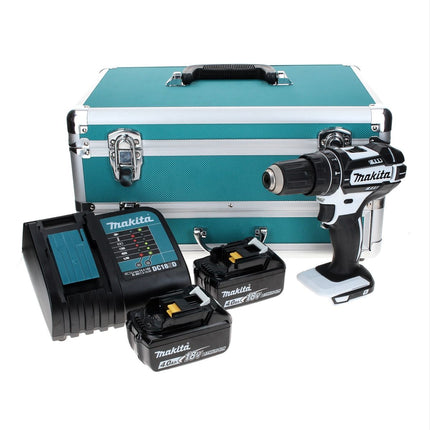 Makita DHP 482 SMTX W Trapano avvitatore con percussione a batteria 18 V 62 Nm bianco + 2x Batterie 4,0 Ah + Caricabatterie + Set 70 punte + Valigetta in alluminio TX