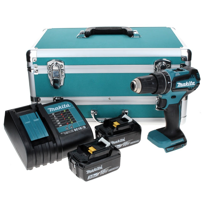 Taladro percutor a batería Makita DHP 485 SFTX 18 V 50 Nm sin escobillas + 2x baterías 3,0 Ah + cargador + juego de brocas de 70 piezas + maletín de aluminio TX