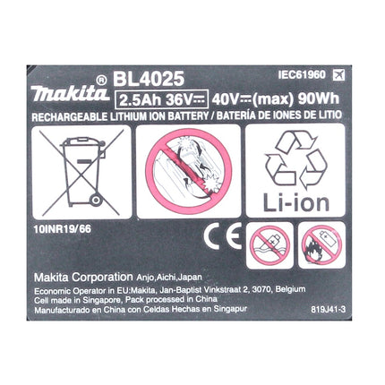 Akumulator Makita BL 4025 40 V maks. 2,5 Ah XGT Li-Ion ( 191B36-3 ) Stopień ochrony IP64 z wyświetlaczem LED