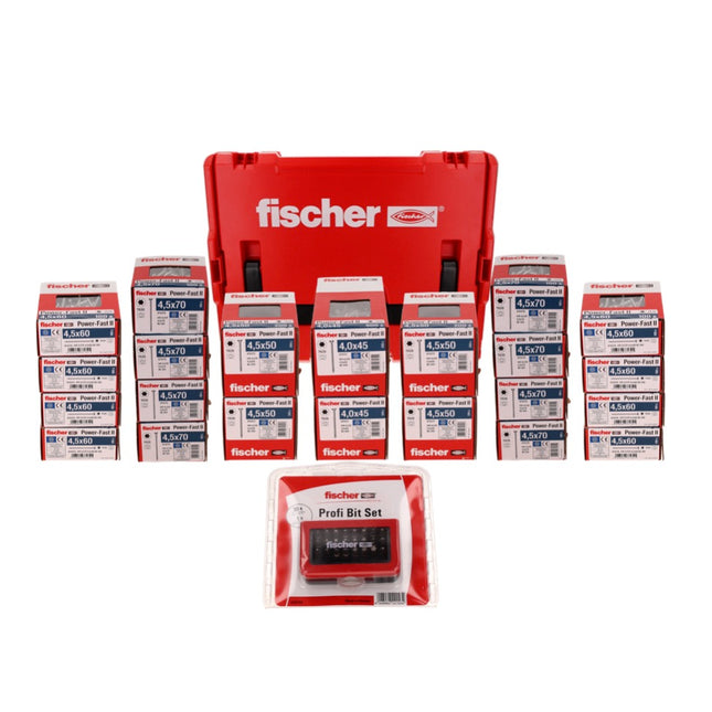 Fischer L-Boxx 238 Power Fast II Juego de tornillos para aglomerado de 3401 piezas (558740) + cabeza avellanada L-Boxx con Torx rosca completa/rosca parcial galvanizado, pasivado azul