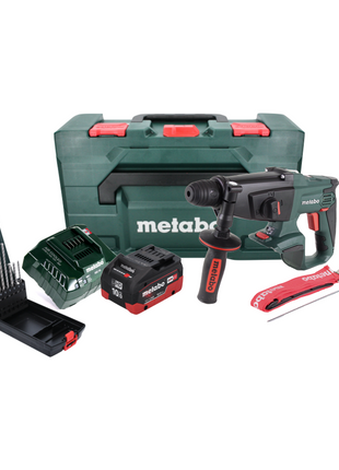 Martillo combinado a batería Metabo KHA 18 LTX 18 V 2,2 J SDS Plus + 1x batería 10,0 Ah + cargador + juego de brocas para piedra P4P SDS plus de 7 piezas + metaBOX