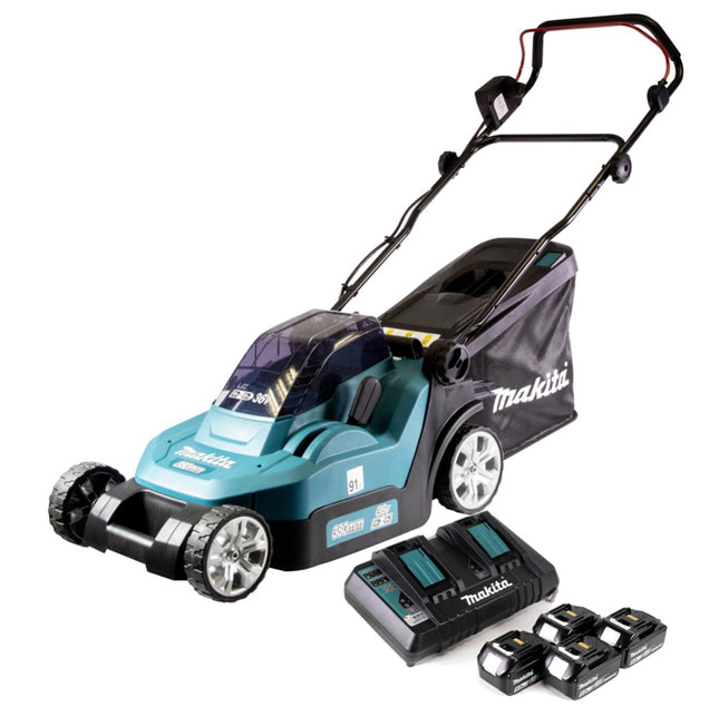 Makita DLM 432 PT4 cordless lawn mower 36 V ( 2x 18 V ) 43 cm brushless + 4x battery 5.0 Ah + double charger